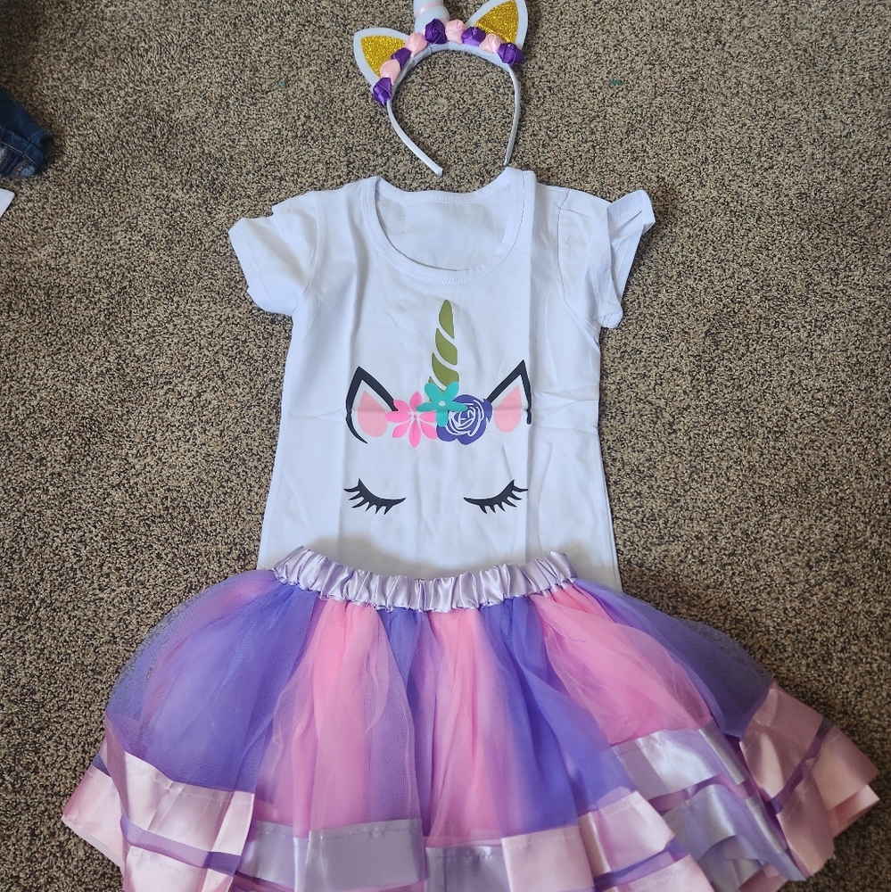 Pastel Unicorn Top, Tutu Skirt, unicorn Headband, Purple, elastic waist Size 6-7